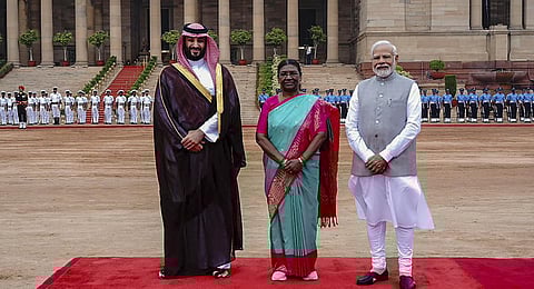 President Droupadi Murmu, Prime Minister Narendra Modi and Saudi Arabia's Crown Prince and Prime Minister Mohammed bin Salman. (Photo | PTI)