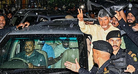 Telugu Desam Party (TDP) chief N Chandrababu Naidu being taken to prison after a court sent him to judicial custody for 14 days in an alleged corruption case, in Vijayawada.(Photo | PTI)