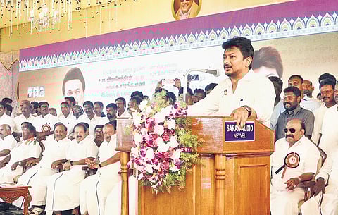 Minister and DMK youth wing leader Udhayanidhi Stalin speaking at a marriage function in Neyveli on Sunday | Express