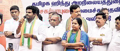 BJP state president K Annamalai at a protest in Chennai on Monday | P Ravikumar