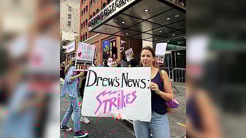 Drew Barrymore Show's WGA writers, fans, and union allies held the picket line for hours outside the CBS studio in New York. (WGA Twitter)