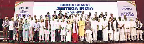 FILE - Leaders of the Opposition alliance, INDIA, pose for a group photograph during their meeting in Mumbai. (Photo| PTI)