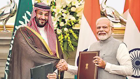 Saudi crown Prince Mohammed bin Salman and Prime Minister Narendra Modi during a meeting, in New Delhi