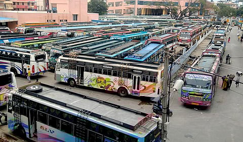 Buses parked at Kalasipalyam bus stand in view of a day-long 'bandh' called by the Federation of the Karnataka State Private Transport Associations, in Bengaluru. (Photo | Shashidhar Byrappa))
