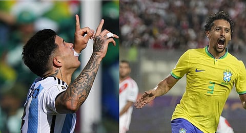 Argentina's Enzo Fernandez (L) and Brazil's Marquinhos celebrate after scoring (Photo | AP)
