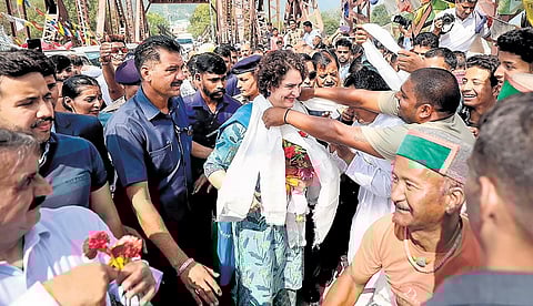 Congress General Secretary Priyanka Gandhi Vadra meets families affected by rainfall-triggered flooding in Kullu, Himachal Pradesh on Tuesday. (Photo | PTI)
