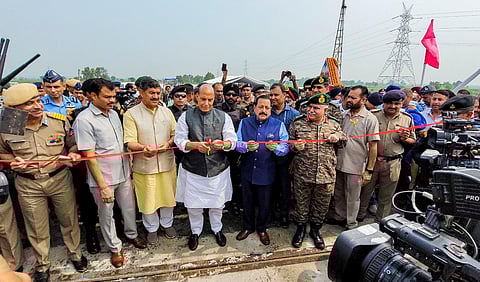 Defence Minister Rajnath Singh with Union Minister Jitendra Singh during the inauguration of several BRO infrastructure projects in Samba, Tuesday, Sept. 12, 2023. (Photo | PTI)