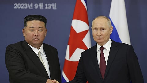 Russian President Vladimir Putin (R) with North Korea's leader Kim Jong Un during their meeting at the Vostochny cosmodrome in Russia's far eastern Amur region, Sept. 13, 2023.
