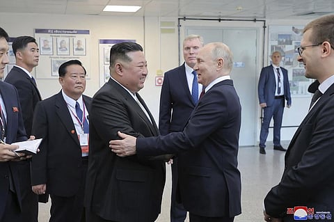 Russian President Vladimir Putin meets with North Korean leader Kim Jong Un at the Vostochny cosmodrome in Russia's far eastern Amur region, Wednesday, Sept. 13, 2023. (Photo | AP)