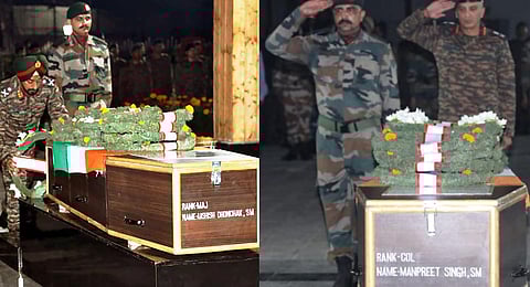 Army personnel pay homage to the mortal remains of officers martyred in Anantnag encounter.(Photo PTI)