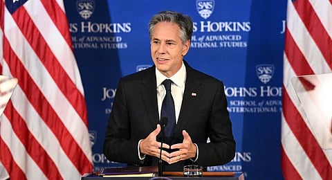 US Secretary of State Antony Blinken speaks at SAIS Johns Hopkins in Washington, DC, Sept 13, 2023. (Photo | X @SAISHopkins)