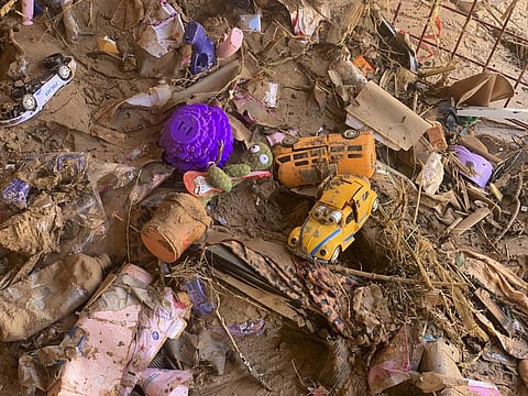 Toys are scattered outside a damaged house in Derna, Libya, Thursday, Sept.14, 2023. Search teams are combing streets, wrecked buildings, and even the sea to look for bodies in Derna. (Photo | AP)