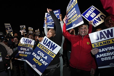 Striking United Auto Workers picket at Ford's Michigan Assembly Plant in Wayne, Michigan (Photo | AP)