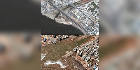 Combination of satellite images showing a coastal roadway in Derna, Libya, on July 1, 2023, top, and the same flood damaged area on Wednesday, Sept. 13, 2023.