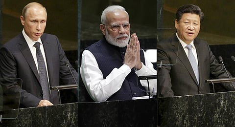 FILE - (L to R) A collage of Russian President Vladimir Putin, Prime Minister Narendra Modi and Chinese President Xi Jinping addressing the UNGA in New York. (Photo | AP)