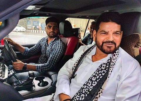 Former WFI chief Brij Bhushan Sharan Singh arrives at Rouse Avenue Court, in New Delhi (PTI)