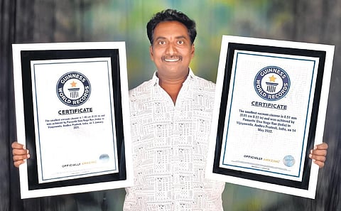 Dr Pamarthi Siva, a 46-year-old painter from Vijayawada demonstrated an extraordinary ability of painting while riding a bike. Express