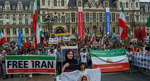 Demonstrators attend a protest against the Iranian regime on September 16, 2023, on the first anniversary of the death of Mahsa Amini in Iran. (Photo | AFP)