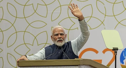 Prime Minister Narendra Modi speaks during the inauguration of India International Convention and Expo Centre (IICC), in New Delhi, Sunday, Sept. 17, 2023. (Photo | PTI)