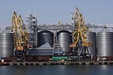 Exterior view of the grain storage terminal during visit of United Nations Secretary General Antonio Guterres at the Odesa Sea Port, in Odesa, Ukraine. (Photo | AP)