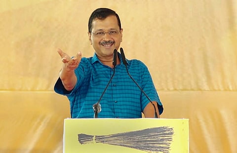 Delhi CM and AAP Convenor Arvind Kejriwal addresses a public rally in Rewa, Madhya Pradesh on Monday. (Photo | PTI)