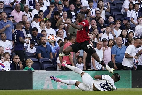 Manchester United's Aaron Wan-Bissaka (top) in action. (Photo | AP)