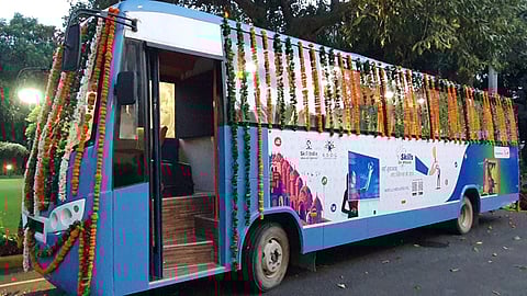 A 'Skills on Wheels' bus is decorated to be flagged off by Lok Sabha Speaker Om Birla and Union Education Minister Dharmendra Pradhan, in New Delhi on Sunday. (Photo | ANI)
