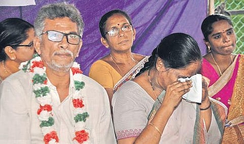 FILE: Ayesha Meera’s mother weeping during a protest staged at Dharna Chowk in Vijayawada. (File Photo)