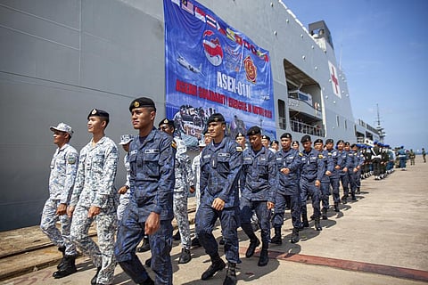 Singapore and Brunei Navy personnel march during the opening ceremony of the military non-combat exercise called ASEAN Solidarity Exercise. (Photo | AP)