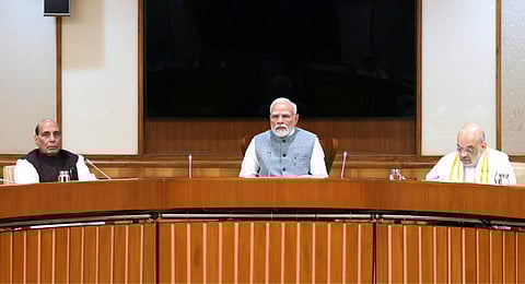 PM Narendra Modi chairs the Union cabinet meeting, in New Delhi, on Monday, Sept. 18, 2023. Defence Minister Rajnath Singh and Union Home Minister Amit Shah are also seen. (Photo | PTI)
