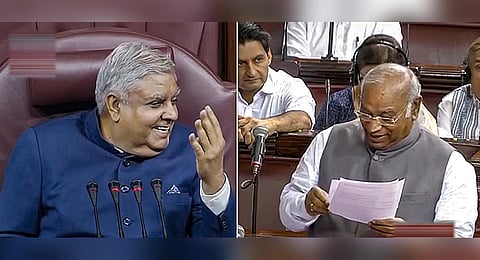 Rajya Sabha Chairman Jagdeep Dhankhar and Leader of Opposition in the House Mallikarjun Kharge during a special session of Parliament, in New Delhi, Sept. 18, 2023. (Photo | PTI)