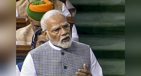 Prime Minister Narendra Modi speaks in the Lok Sabha during a special session of Parliament, in New Delhi, Monday, Sept. 18, 2023. (Photo | PTI)