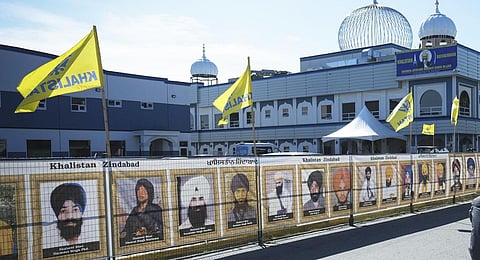 Guru Nanak Sikh Gurdwara Sahib in Surrey, British Columbia where Hardeep Singh Nijjar was gunned down.(Photo | AP)