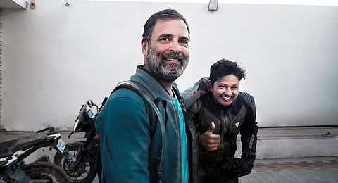 Murshid Basheer with Rahul Gandhi during their ride to Ladakh