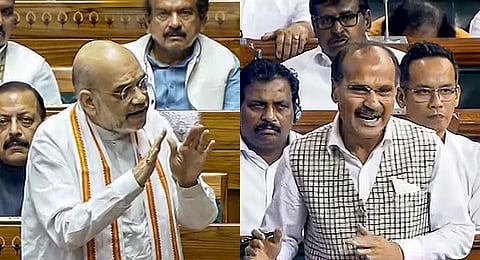 Union Home Minister Amit Shah and Congress MP Adhir Ranjan Chowdhury in the Lok Sabha. (Sansad TV)