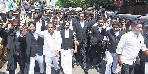 Advocates staging a protest at the premises of the Madras High Court over the three Criminal Law Bills recently introduced in the Parliament
