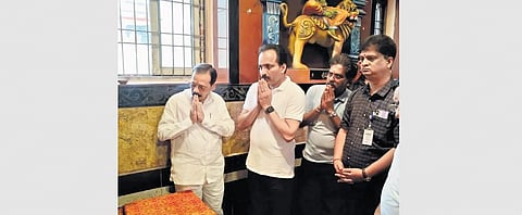 ISRO chief Somanath offering prayers at Sri Chengalamma temple in Sullurpeta, Tirupati district on Friday. (Photo | Express)