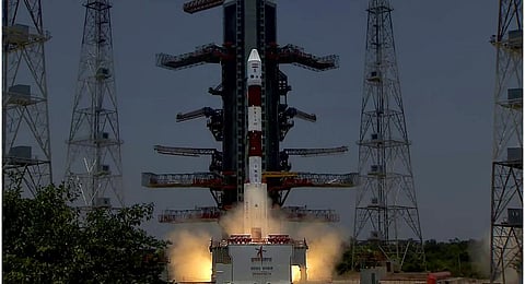 Indian Space Research Organisation's (ISRO) Aditya-L1, India's maiden solar mission, on board PSLV-C57 lifts off from the launch pad at Satish Dhawan Space Centre, in Sriharikota. (Photo | PTI)