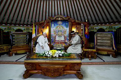 Mongolian President Ukhnaagin Khurelsukh and Pope Francis meet, on Saturday, at the State Palace in Sukhbaatar Square in Ulaanbaatar. (Photo | AP)