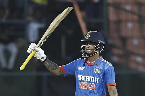 Ishan Kishan celebrates after reaching his fifty during the Asia Cup match against Pakistan at Pallekele (Photo | AP)