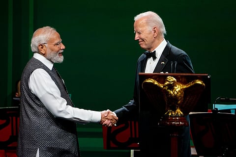 FILE - US President Joe Biden and PM Narendra Modi shake hands during an official State Dinner at the White House in Washington, DC, on June 22, 2023. (Photo | AFP)
