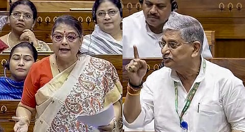 A collage of TMC MP Kakoli Ghosh Dastidar (L) and JD(U) MP Rajiv Ranjan Singh speaking in Lok Sabha during the special session of the Parliament, in New Delhi, Sept. 20, 2023. (Photo | PTI)