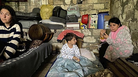 Children in a shelter during shelling in Stepanakert in Nagorno-Karabakh, Azerbaijan Wednesday, Sept. 20, 2023. (Photo | AP)