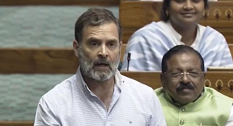 Congress leader Rahul Gandhi speaks during the debate on the Women's Reservation Bill in the Lok Sabha. (Photo | Sansad TV)