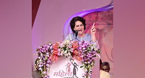Priyanka Gandhi addressing at the Mahila Samridhi Sammelan (Photo | Express)