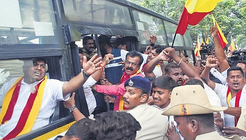 Police detain KRV activists for protesting against the Supreme Court’s decision on release of Cauvery water, in Bengaluru on Thursday