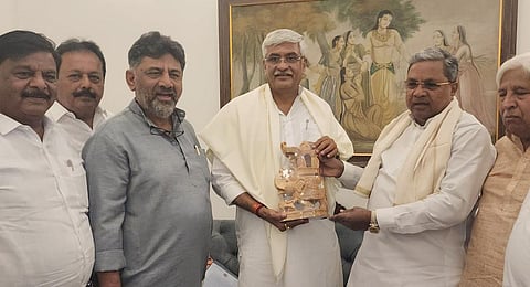 Chief Minister Siddaramiah and Deputy Chief Minister D K Shiva Kumar met Gajendra Singh Shekhawat Union Minister of Jal Shakti on Cavuery water issue in New Delhi