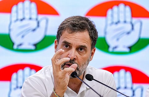 Congress leader Rahul Gandhi addresses a press conference at AICC headquarters, in New Delhi. (PTI)