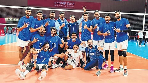 Indian volleyball team celebrates after beating Chinese Taipei | special arrangement
