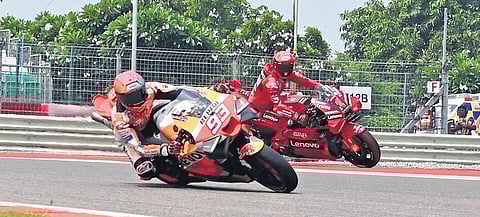 FILE: Six-time MotoGP champ Marc Marquez (93) in action on Friday | Shekhar Yadav